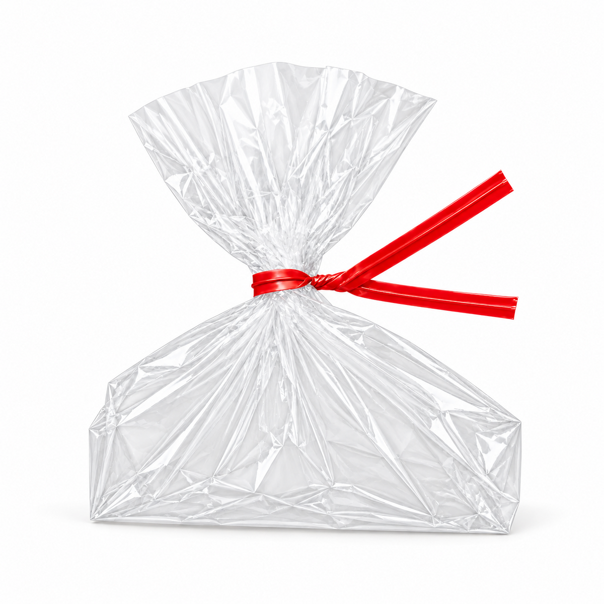 Clear poly bag for cremated remains closed with a red tie on a white background