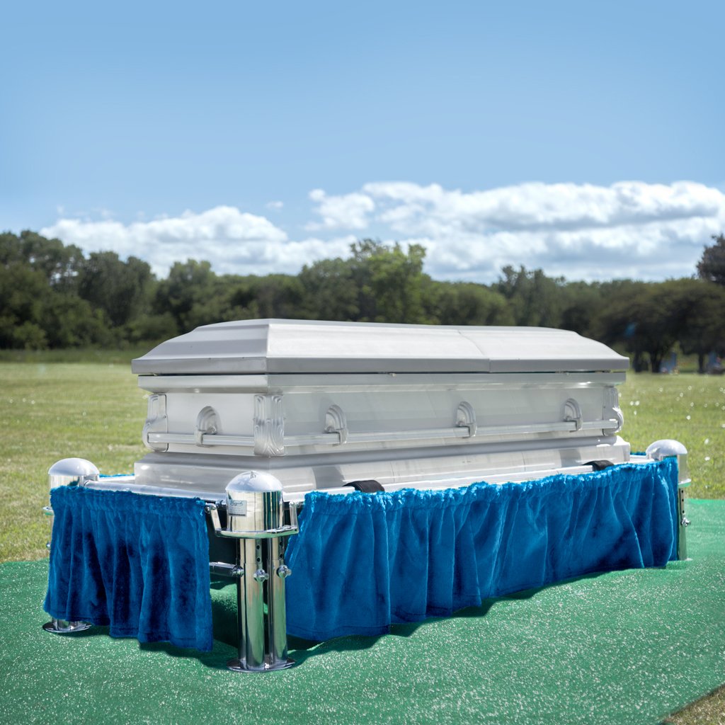 A Frigid Imperial Plain Package lowering device Sitting on a Frigid Telescoping Stand with Blue Drape and Graveside Grass Set