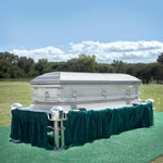 A Frigid Imperial Plain Package lowering device Sitting on a Frigid Telescoping Stand with Green Drape and Graveside Grass Set