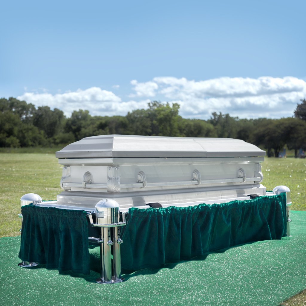A Frigid Imperial Plain Package lowering device Sitting on a Frigid Telescoping Stand with Green Drape and Graveside Grass Set
